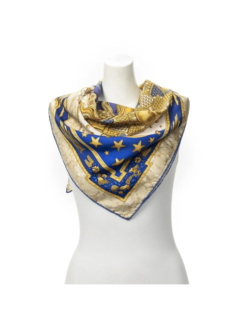 Hermes Scarf Beige Blue Gold Silk
